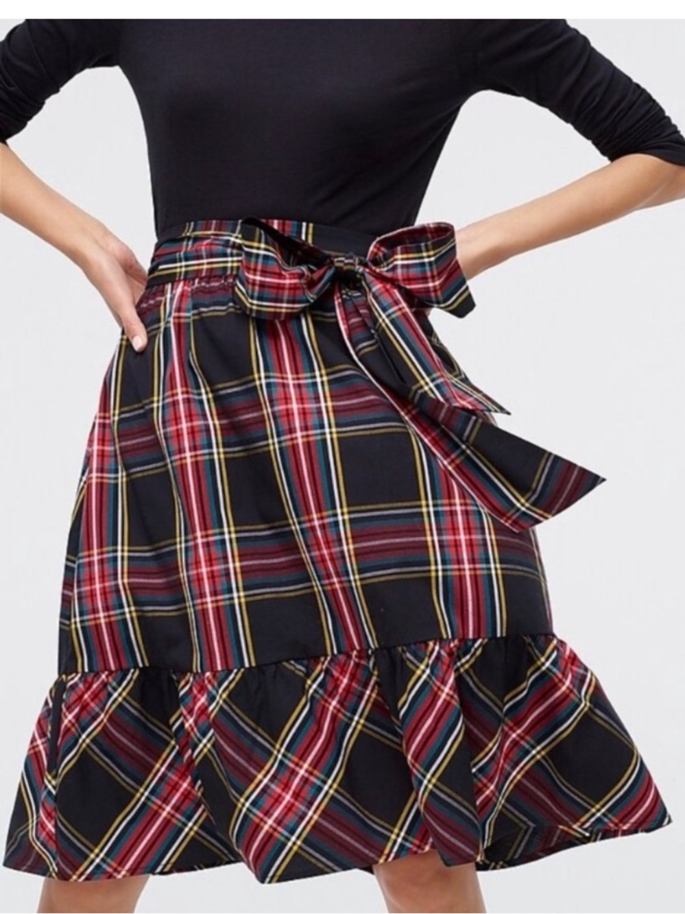 J. Crew Big Bow Midi skirt in tartan plaid ruffle hem tie waist Size 14